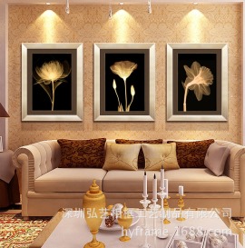 玄关餐厅装饰画客厅现代三联有框画沙发背景挂画墙画壁画金色年华